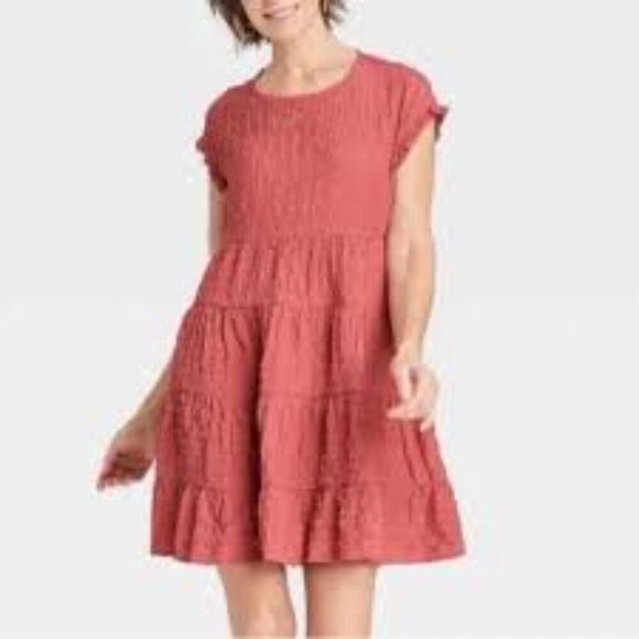 Knox Rose Dresses & Skirts - KNOX ROSE Flutter Short Sleeve Textured Tiered A-Line Dress w Pockets Coral XXL